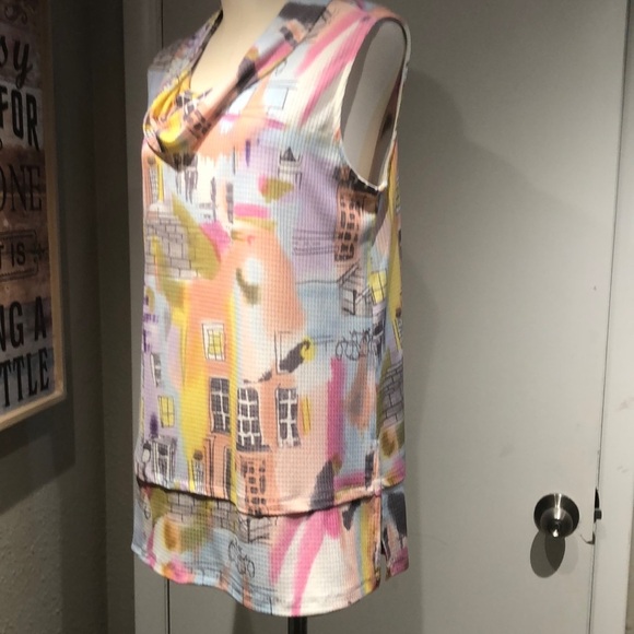 Colorful Abstract Print cowl neck Sleeveless Blouse contrast hem - Picture 11 of 13